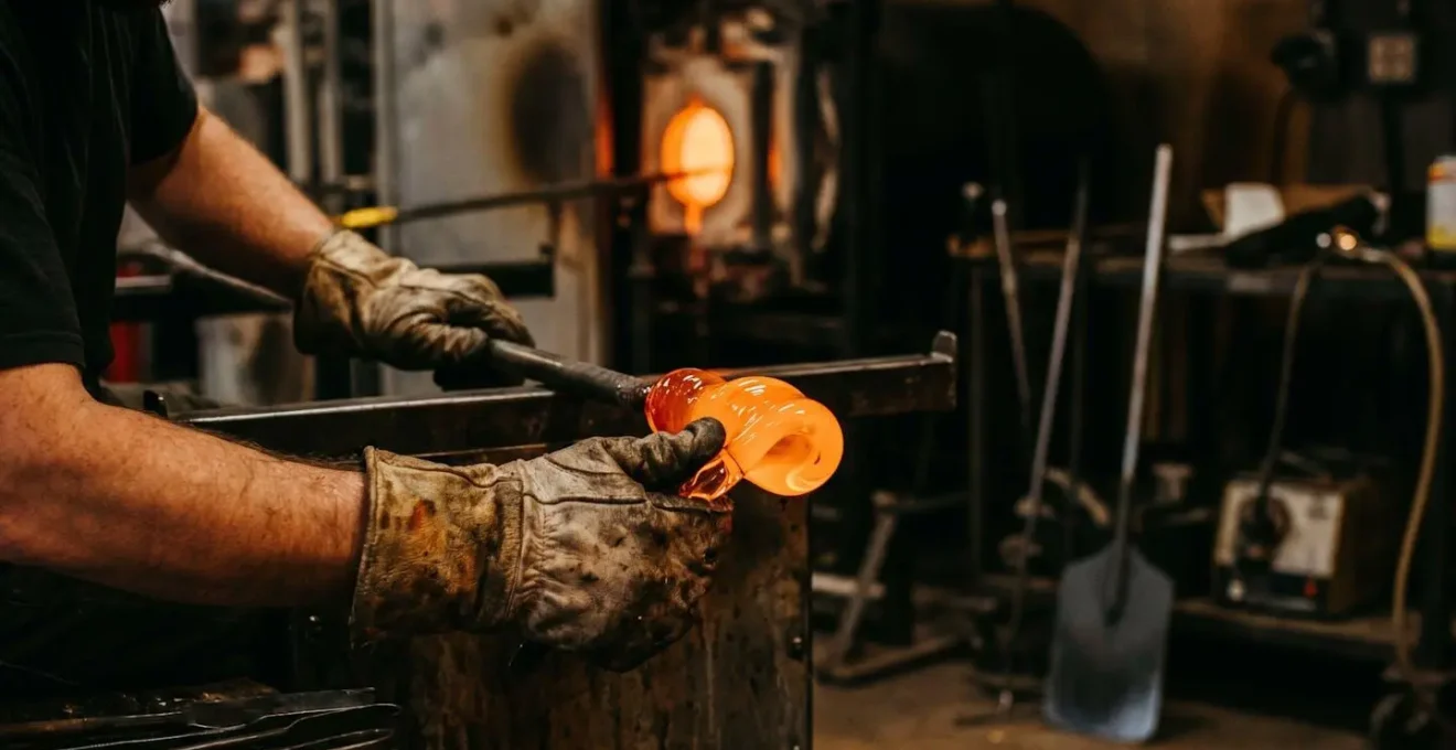 Artisan verrier soufflant un verre en fusion dans un atelier.