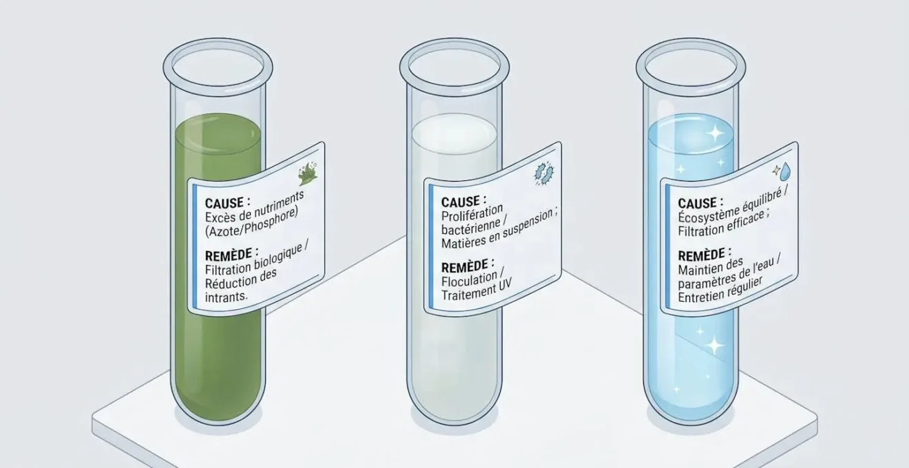 Trois échantillons d'eau de piscine illustrant les problèmes courants et leurs solutions