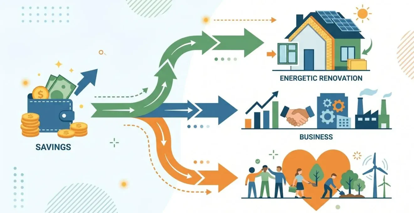 Infographie montrant le flux de transformation de l'épargne en financements : entreprises, rénovation et économie solidaire