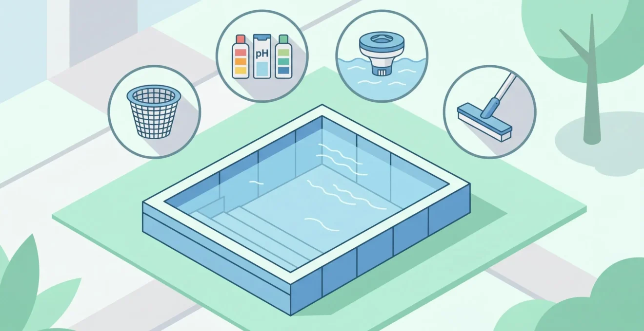 Icônes représentant les quatre gestes quotidiens d'entretien de piscine