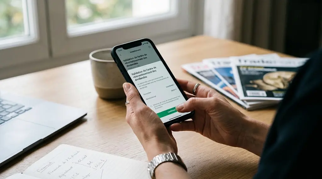 Des mains valident sur un smartphone l'ordre de réinvestissement des dividendes en actions.