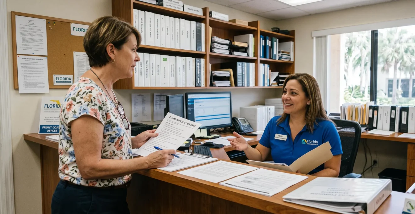 Un acheteur interroge un employé au comptoir du bureau de gestion d'une communauté en Floride.