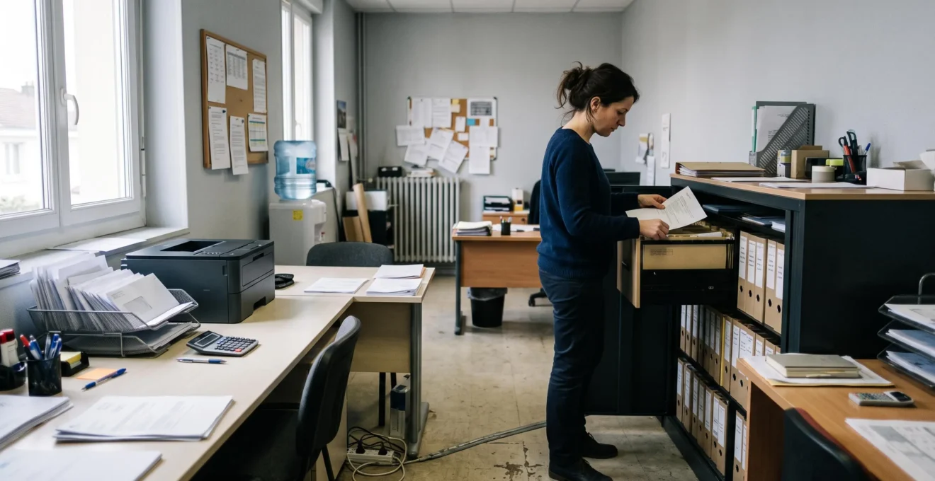 Une personne classe des courriers professionnels dans un meuble de rangement dans un petit bureau d'entreprise.