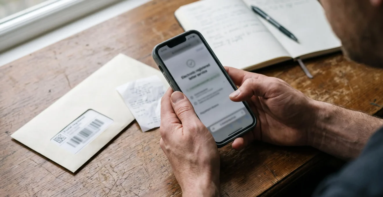 Une personne tient un smartphone affichant une confirmation d'envoi, à côté d'une enveloppe recommandée sur un bureau.
