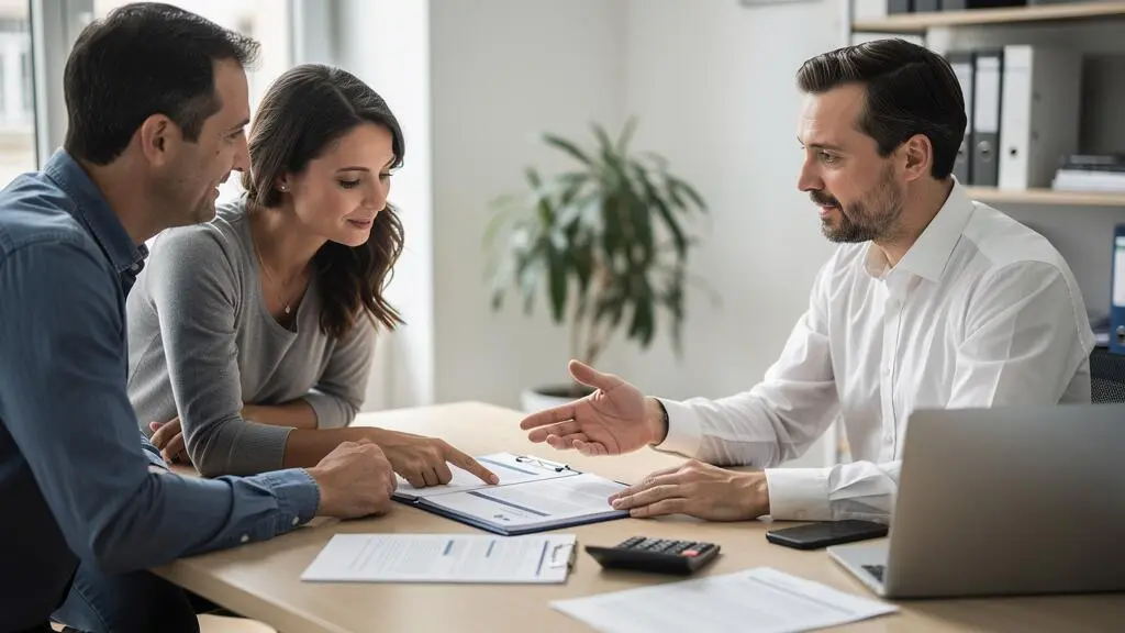 Un couple négocie les conditions de son crédit immobilier avec un conseiller bancaire.
