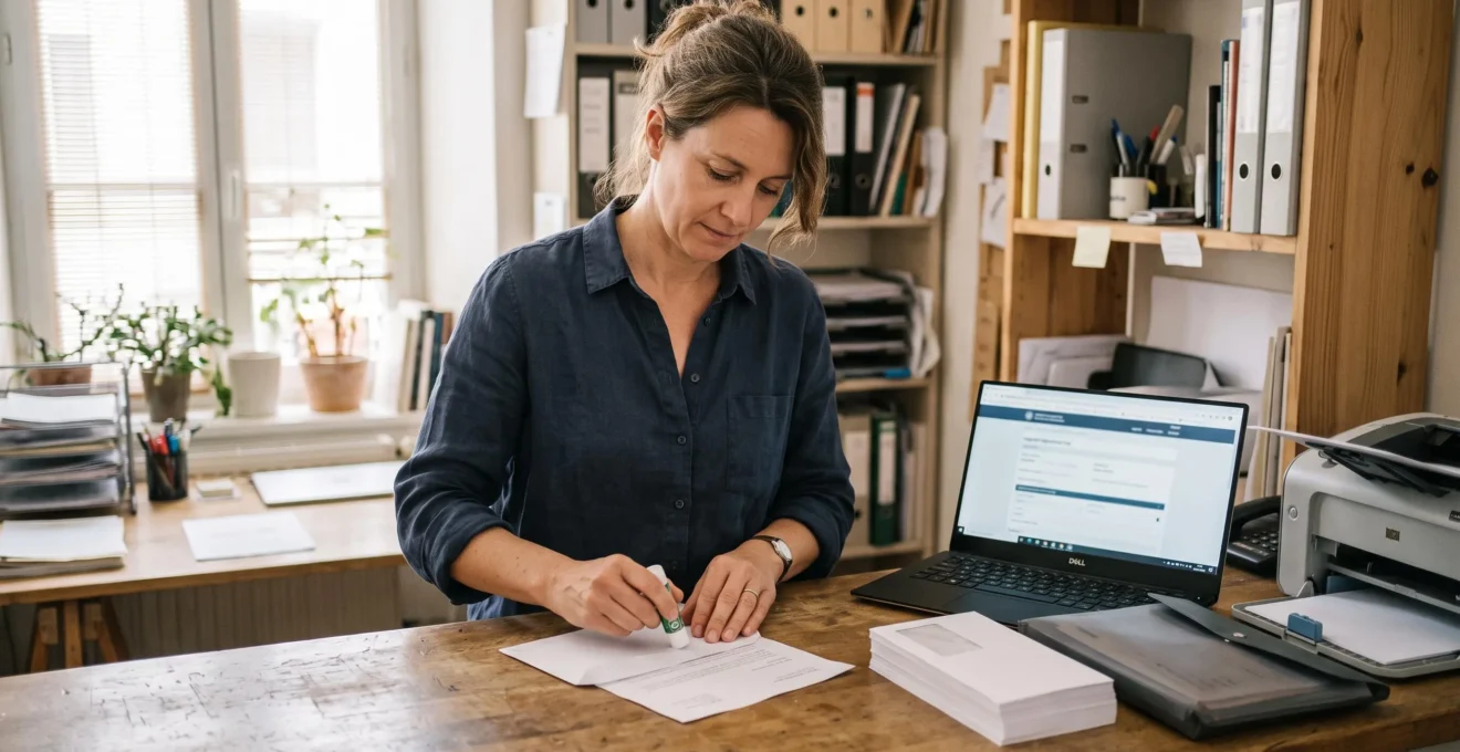 Une dirigeante de petite entreprise prépare une lettre sensible dans son bureau, à côté d'un ordinateur portable.