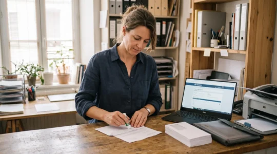 Une dirigeante de petite entreprise prépare une lettre sensible dans son bureau, à côté d'un ordinateur portable.