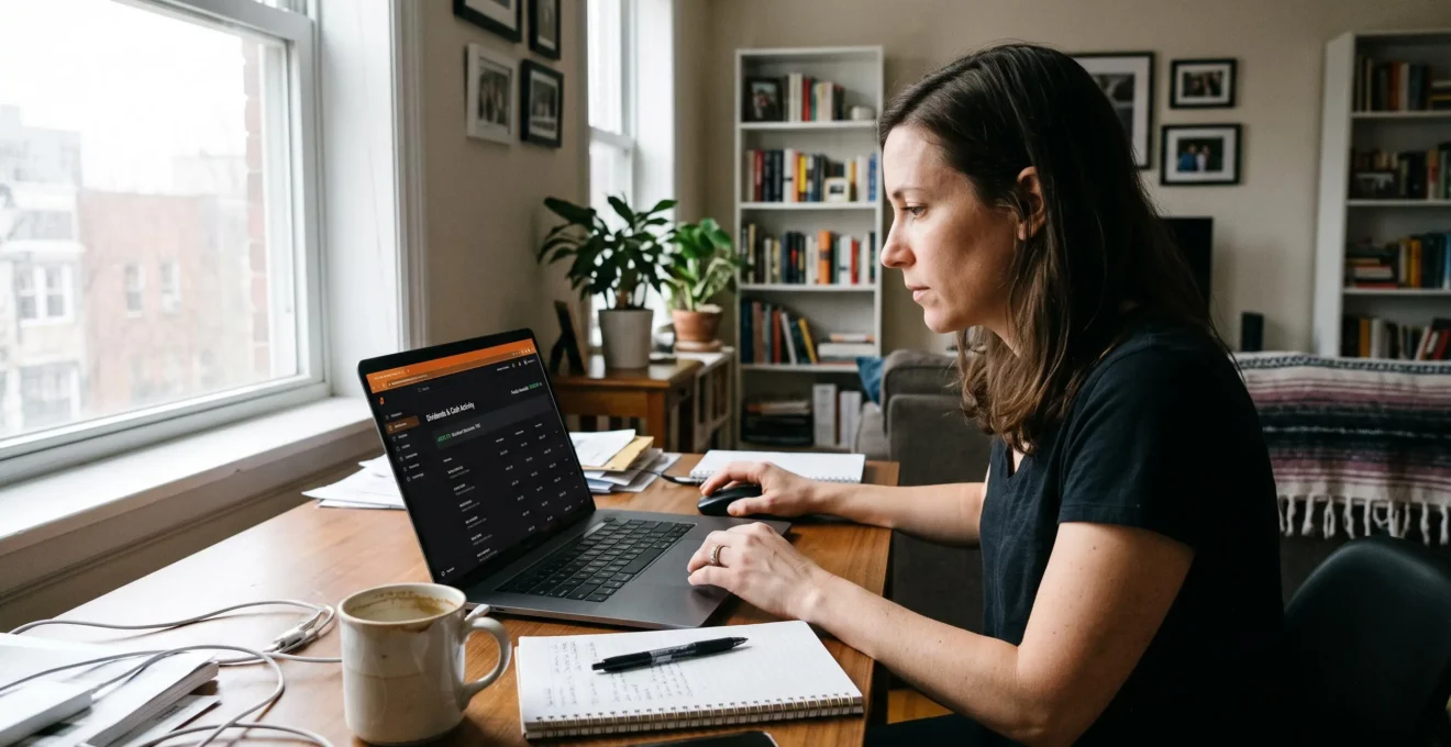 Une personne consulte ses dividendes sur son compte-titres depuis son bureau à domicile.