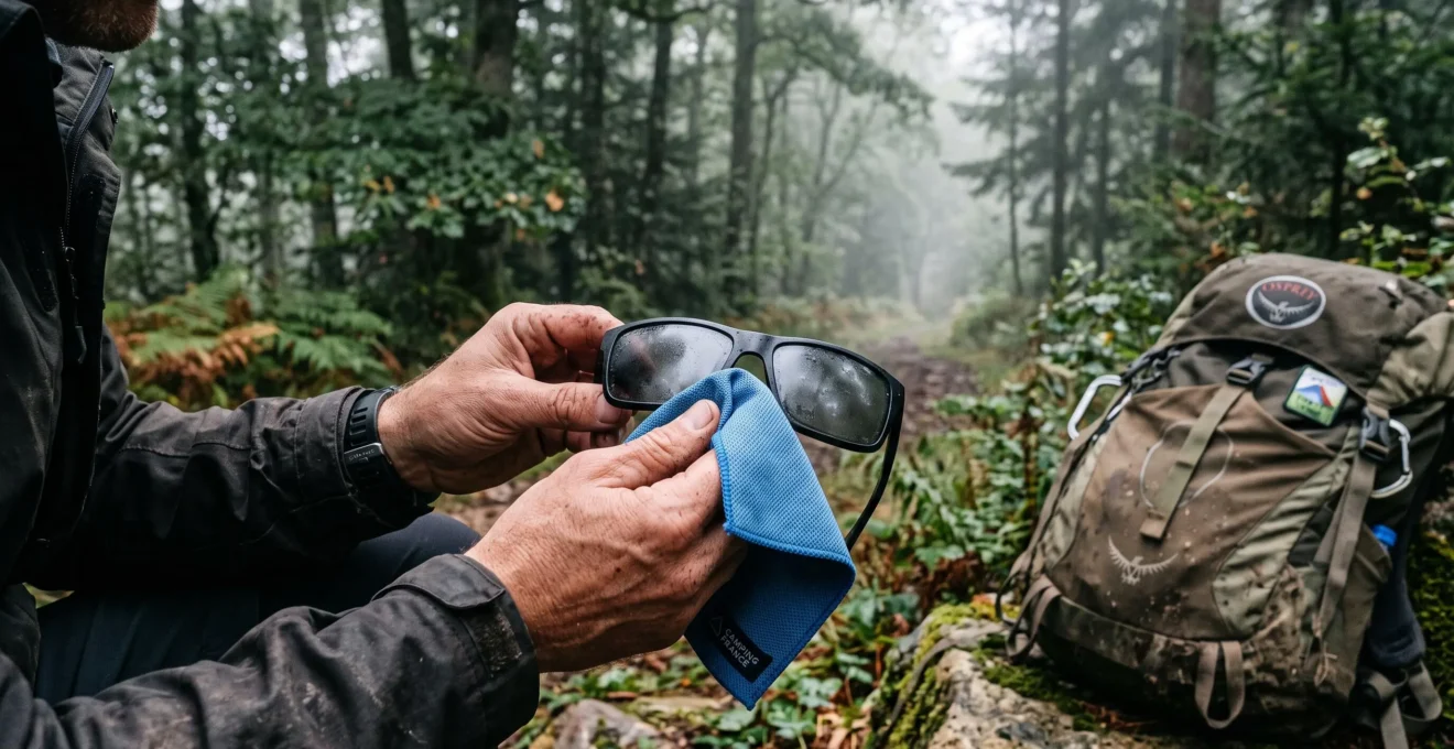 Des mains essuient des verres de lunettes embués avec un chiffon microfibre.