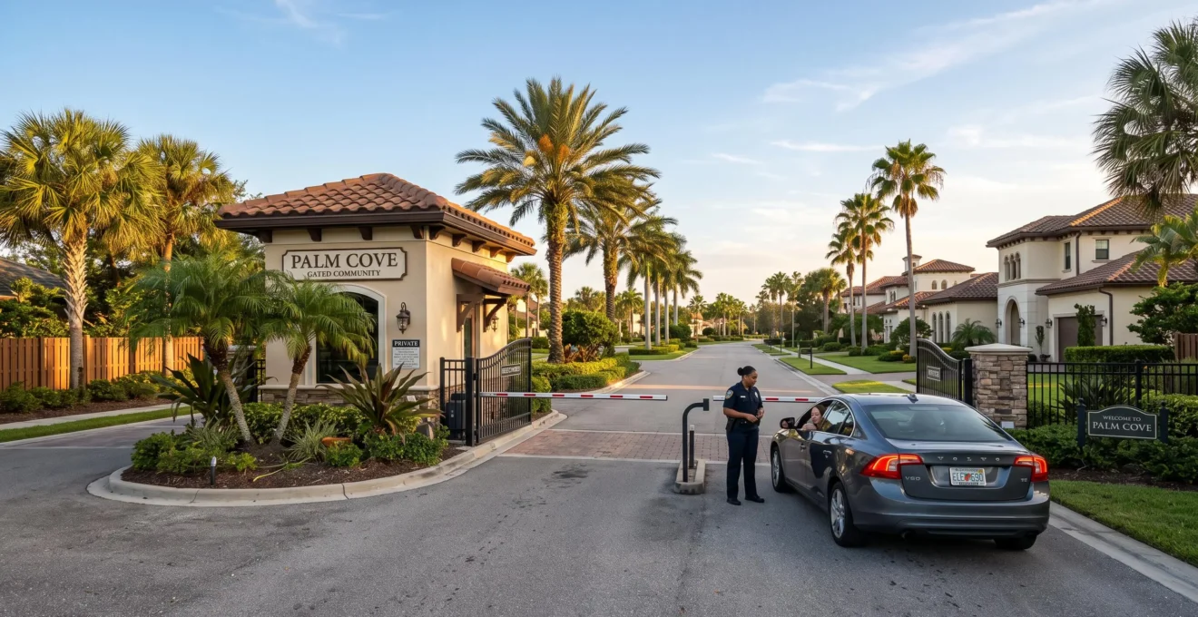 Un agent de sécurité vérifie l'accès d'une voiture à l'entrée d'une communauté fermée en Floride.