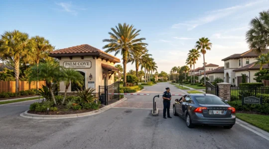 Un agent de sécurité vérifie l'accès d'une voiture à l'entrée d'une communauté fermée en Floride.