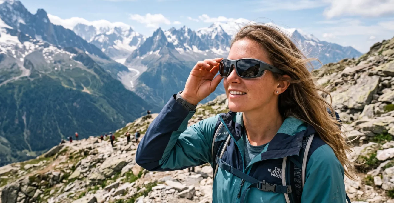 Une randonneuse ajuste des lunettes de soleil sport ventilées à un col alpin.