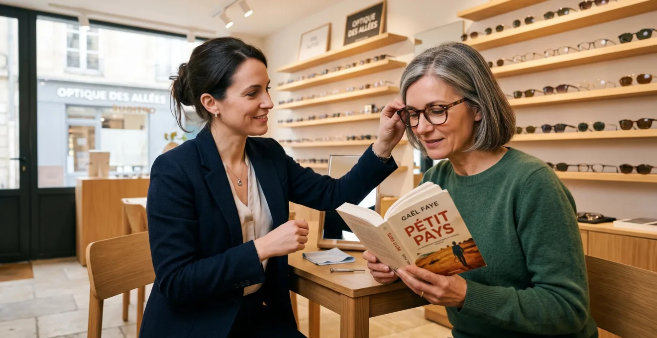 Une opticienne fait essayer des lunettes de lecture à une cliente lisant un livre.