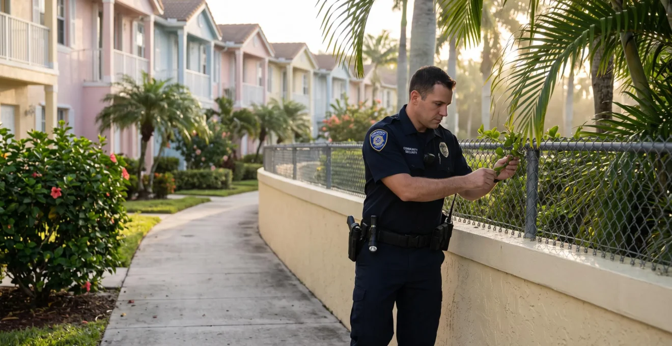 Un agent de sécurité inspecte une clôture le long des maisons d'une communauté fermée en Floride.