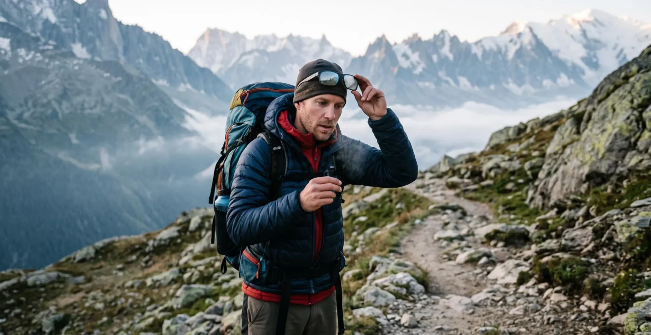 Un randonneur retire ses lunettes de soleil embuées sur un sentier de montagne.