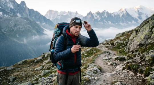 Un randonneur retire ses lunettes de soleil embuées sur un sentier de montagne.